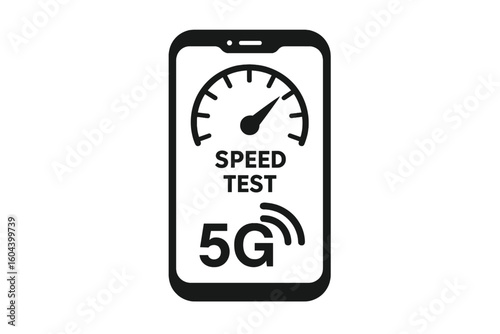 5G network speed test icon on smartphone display. Concept of high-speed wireless internet. New generation technology connection meter. Mobile cellular data performance. Vector.