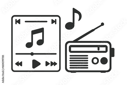 Music player and retro radio icon. Concept evolution of music technology from classic broadcast to modern streaming. Audio media player interface and vintage receiver symbol.