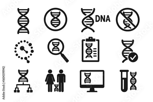 DNA icon set. Genetic sign. Gene research and analysis. Biotechnology symbol. Medical test. Science pictograms. Helix structure. Family ancestry. Lab diagnostics. Report.