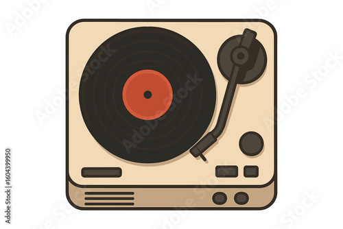 Retro record player with vinyl disc. Vintage turntable for playing music. Classic phonograph audio equipment vector illustration. Nostalgic sound technology icon design.