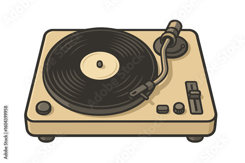 Retro turntable player with vinyl record disc. Vintage analogue music equipment, gramophone icon. DJ sound system concept. Classic audio nostalgia vector illustration.