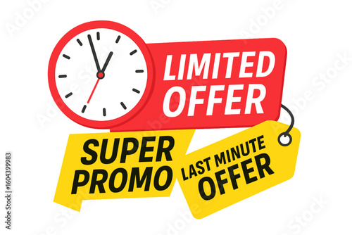 Limited time offer promotion banner with clock. Super promo countdown for exclusive deal. Last minute sale and price tag timer. Special discount vector illustration for marketing.