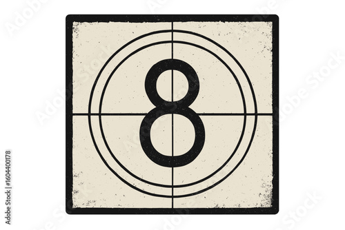 Retro cinema movie timer count. Old film countdown frame. Vintage filmstrip leader with number eight. Classic movie screen introduction. Grunge effect vector illustration.