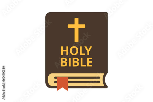 Holy Bible book cover icon with a golden cross. Flat vector illustration of the sacred scripture. Religious Christian symbol of faith, God's word, and prayer. Gospel concept.