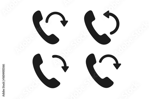 Phone call icon set with rotation arrow. Concept of callback, redial, refresh or missed call. Vector symbol for website, mobile app, UI UX graphic design element.