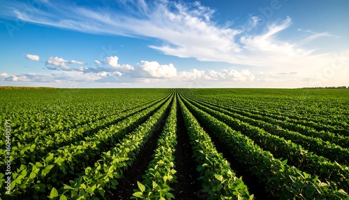 Wide shot of a soybean field under a vibrant sky