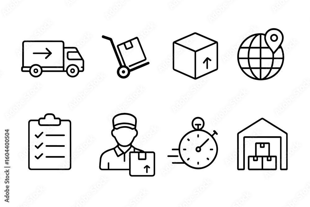 © Daniela - Delivery and logistics icon set. Shipping service vector icons. Fast truck, courier, worldwide shipping, warehouse, package tracking. Supply chain management symbols. Editable stroke.