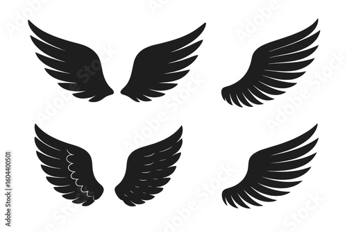 Wings vector set silhouette. Angel bird eagle wings icon. Freedom flight logo concept. Black feather tattoo design element. Heraldry emblem badge insignia. Holy heaven symbol.