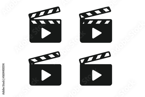 Film Clapperboard Icon Collection. Movie Slate Symbols with Play Button. Black and White Vector Set. Cinema Production, Video Editing, Film Making, Media Player, Entertainment Graphic Design Elements