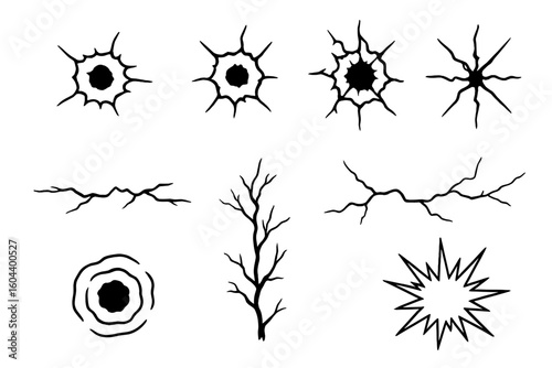 Bullet holes and cracks vector set. Collection of line art explosion, shattered glass, and wall damage icons. Destruction and impact symbols isolated on transparent background.