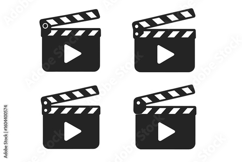 Film Clapperboard Icon Set with Play Button, Movie Production Slate Symbols, Video Player Signs, Black Flat Style, Isolated Vector, Modern Media Illustration, Transparent Background