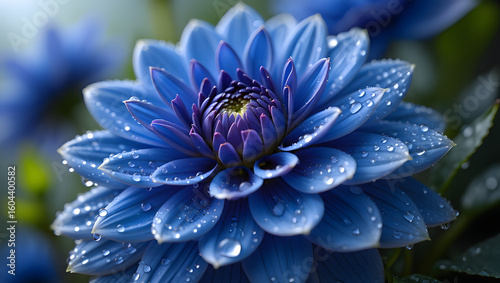 Vibrant blue dahlia flower covered in sparkling water droplets in soft natural light