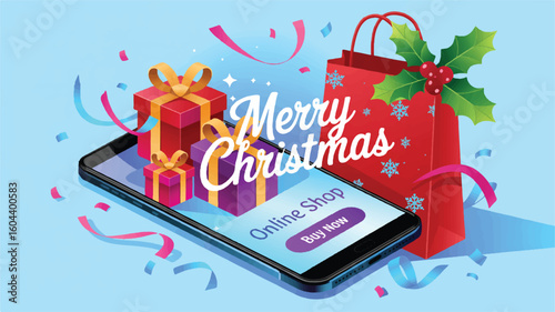 A festive digital illustration of an online Christmas shopping advertisement on a light blue background.  