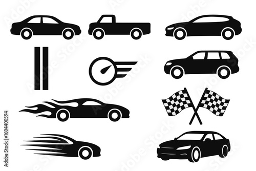 Set of car icons and truck silhouettes. Automotive design elements with racing stripes, checkered flags, and speed graphics. Vector transport symbols and vehicle pictograms.