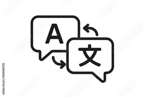 Language translation icon with chat bubbles. Multilingual communication concept. Online dictionary or translator app logo. Foreign language exchange and learning vector symbol.