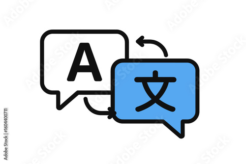 Language translation icon with chat bubbles. Online multi-language translator app symbol. Multilingual communication concept for global business. Foreign language exchange.