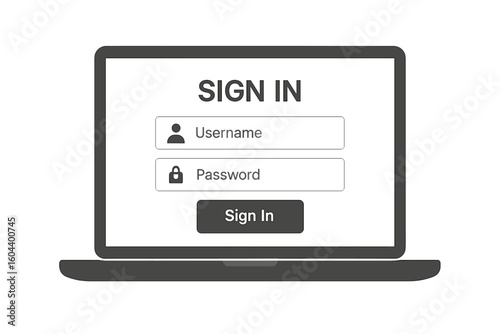 Login screen interface on laptop with username and password fields, secure sign in button, web authentication concept, user account access form, flat vector illustration