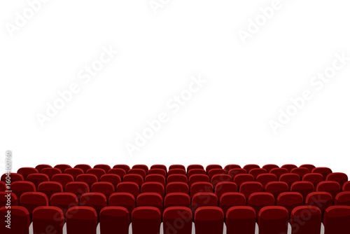Movie theater with rows of red seats facing a blank white screen. Empty cinema hall interior for film premiere, festival, or presentation. Audience concept with copy space.