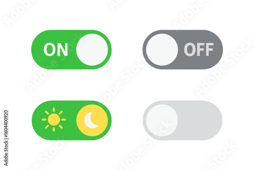 On and off toggle switch icons for mobile app interface, day and night mode slider buttons, modern UI elements, digital interface controls, vector switch buttons set