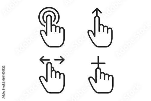 Touchscreen Gesture Icons Set. Hand Tap Click Swipe Symbols. Mobile App User Interface Navigation Actions. Vector Hand Gestures. Finger Tap, Swipe Up, Swipe Left, Drag Actions. UI UX Design Elements.