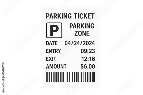 Parking ticket vector icon. Paper receipt from payment machine in parking zone. Car park stub with price, date, time and barcode. Paid transport pass or validation slip.