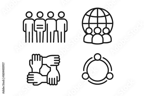 Diversity and inclusion icon set. Icons for equality, global unity, and partnership. Teamwork, community, and collaboration symbols. Vector line art illustration for business.