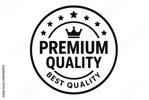 Premium Quality vector label. Best quality guarantee seal. Certified original product stamp. Round badge with crown and stars. Flat icon for top-rated products.