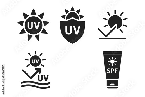 UV protection icon set with ultraviolet radiation symbols and sun UV protection pictograms, including vector sunscreen SPF signs and skincare illustration for cosmetics and sun safety