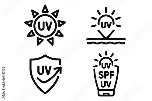 UV protection thin line icon set depicting sun radiation symbol, SPF sunblock sunscreen bottle, reflective shield, dermatology skincare safety symbols for cosmetic packaging, app UI