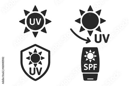 Flat black UV protection icons of sun ultraviolet radiation symbol, shield badge, downward arrow reduction and SPF sunscreen bottle pictogram, minimalist skincare vector illustration
