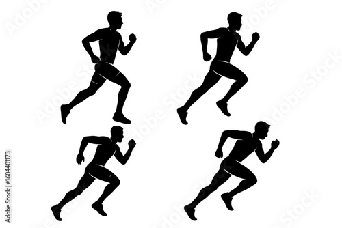 Set of 4 dynamic running man silhouettes. Vector illustration of a runner in various action poses. For fitness, sport, marathon, exercise, and athletic designs. Athlete icon.