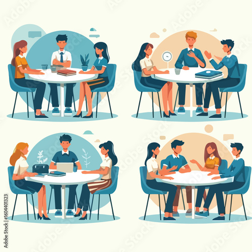 Image of students discussing at a round table with a simple and minimalist flat design using a white background