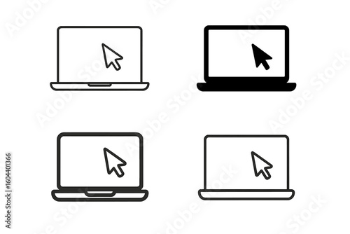 Laptop vector icon set with cursor pointer on screen. Collection of computer and notebook symbols in outline and solid glyph styles. Click or select concept for web design.