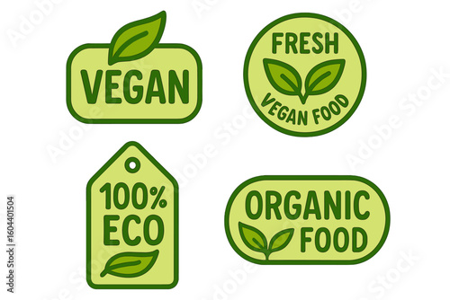 Set of vegan and organic food labels. Collection of green eco-friendly tags for natural products. Healthy vegetarian food packaging stickers, emblems, and logos. Veganism icons.