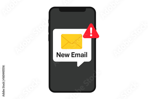 New email notification with alert symbol on smartphone screen. Urgent message, spam, or phishing warning concept. Digital communication and mobile technology vector design.
