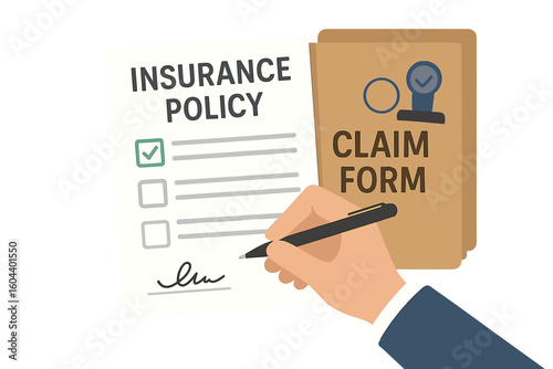 Hand signing insurance policy contract document. Filling out a claim form application. Health, life, car, property protection and security. Legal agreement signature concept vector.