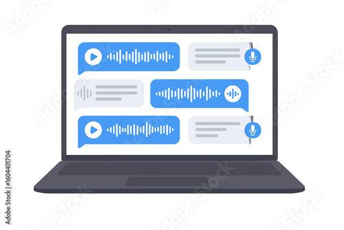 Voice message chat on laptop screen. Audio communication technology. Online messenger app with sound wave bubbles. Digital conversation, social media UI. Speech recording & podcast icon.