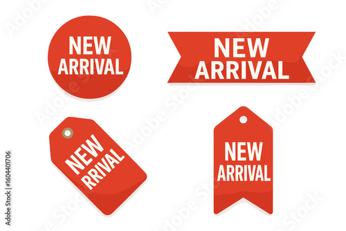 New arrival sticker and tag set. Red ribbon and label for shop product promotion. Sale banner for new collections. Vector of discount and offer tags for retail advertising.