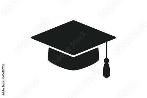 Graduation cap black hat of university graduate. Academic icon for degree ceremony and educational programs. Mortarboard symbol of success, knowledge, and achievement.