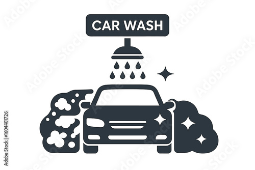 Car wash service vector icon. Auto cleaning and vehicle detailing symbol. Automobile in foam with water spray. Clean transport concept illustration for a garage station sign or logo.