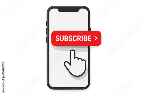Smartphone with subscribe button and hand cursor click. Social media marketing concept for online service, blog, newsletter, and video channel. Web banner and internet notification.