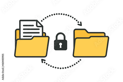 Secure file transfer and data exchange concept. Encrypted document sharing between folders. Confidential information protection, backup, and synchronization technology icon.