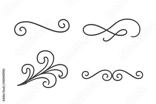 Hand drawn doodle line swirl flourish set of 4. Elegant vintage ornaments for design, decoration, borders, and calligraphy projects. Versatile sketch vector elements.