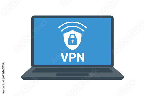VPN service for secure internet connection. Laptop with virtual private network technology for online privacy and data protection. Cybersecurity and web traffic safety concept.