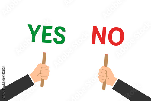 Hands holding yes and no signs vector illustration. Concept of choice, decision making, feedback. Business dilemma with positive and negative options. Voting, survey, poll.