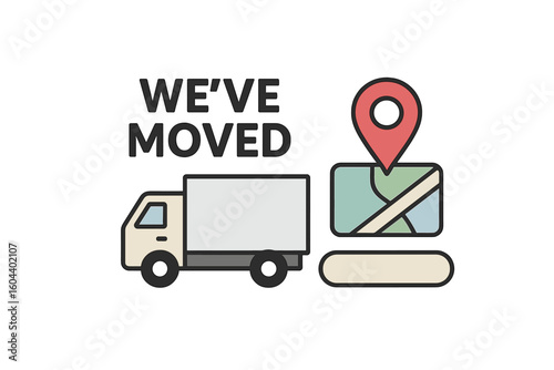 We've moved announcement with moving truck and map pin. Business relocation concept, change of address notice. GPS location pointer for new office or home. Geotag vector.