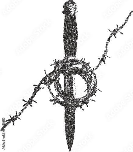 Dagger retro y2k stipple design sword halftone brutalist urban vector png with clear background, knife 2000s photocopy grunge tattoo gen z effect