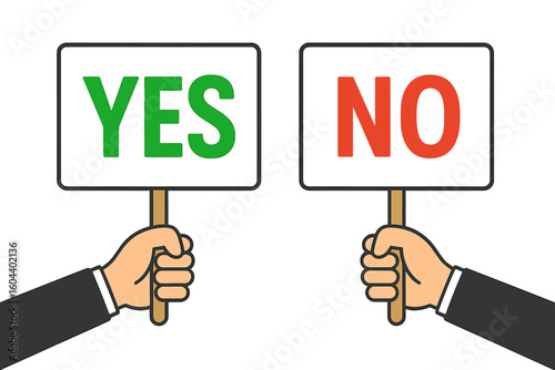 Hands holding Yes and No banner. Choice, dilemma, decision making concept. Positive and negative answer. Voting poll or survey. Approve or disapprove. Business feedback metaphor.