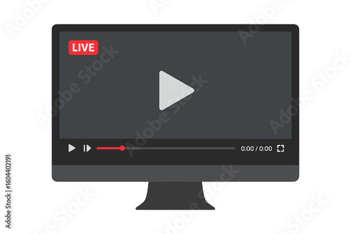 Live video streaming player interface on a computer monitor. Concept for online broadcast, web conference, or tutorial. Digital multimedia content vector illustration.