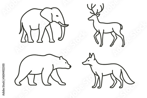 Wild animals outline icon set. Elephant, bear, deer and fox. Forest fauna vector line symbols. Minimalist wildlife and nature pictogram collection for zoo logo design.